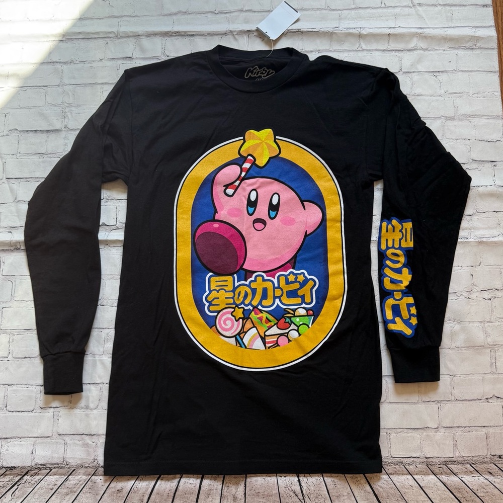New Black Long Sleeve Kirby Graphic Tee, Small, Nintendo